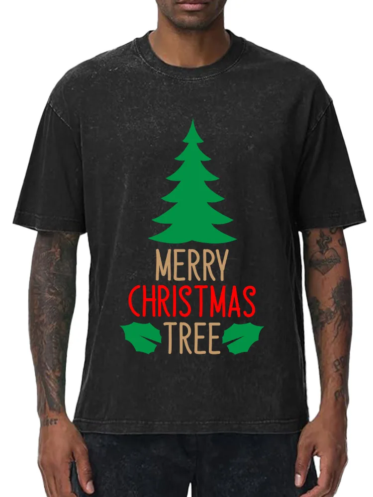 تي شيرت Merry Christmas Tree 230 جرام من القطن الثقيل المغسول كبير الحجم للرجال برسومات عيد الميلاد تي شيرت كاجوال كلاسيكي #1