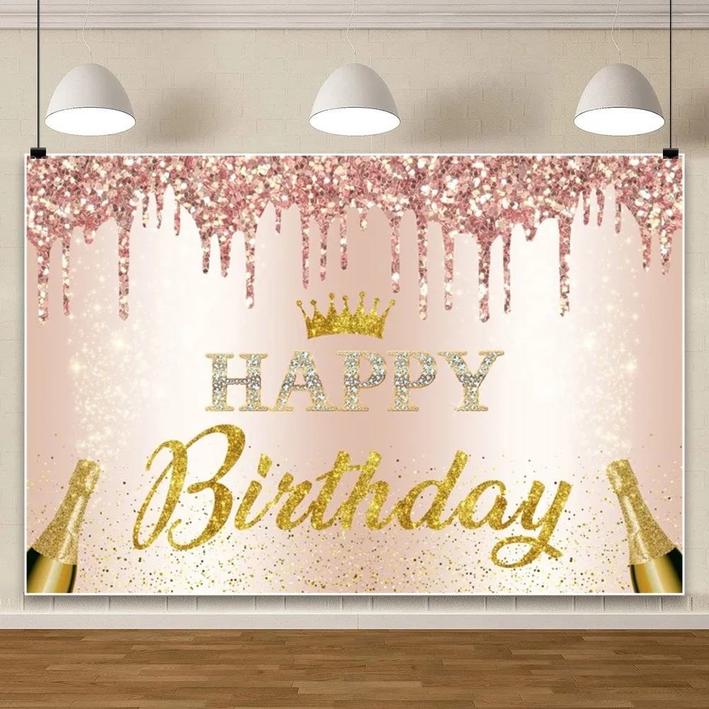 Laeacco Pink Rose Gold Happy Birthday Photography Backdrop Glitter Sparkle Balloon Champagne Women Girl Portrait Custom Backdrop