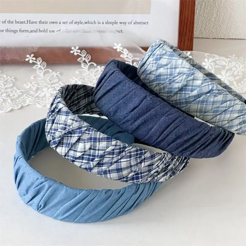 

Denim Pleated Headband French Retro Blue Striped Plaid Design Fashion Hair Accessories for Women Vintage Style