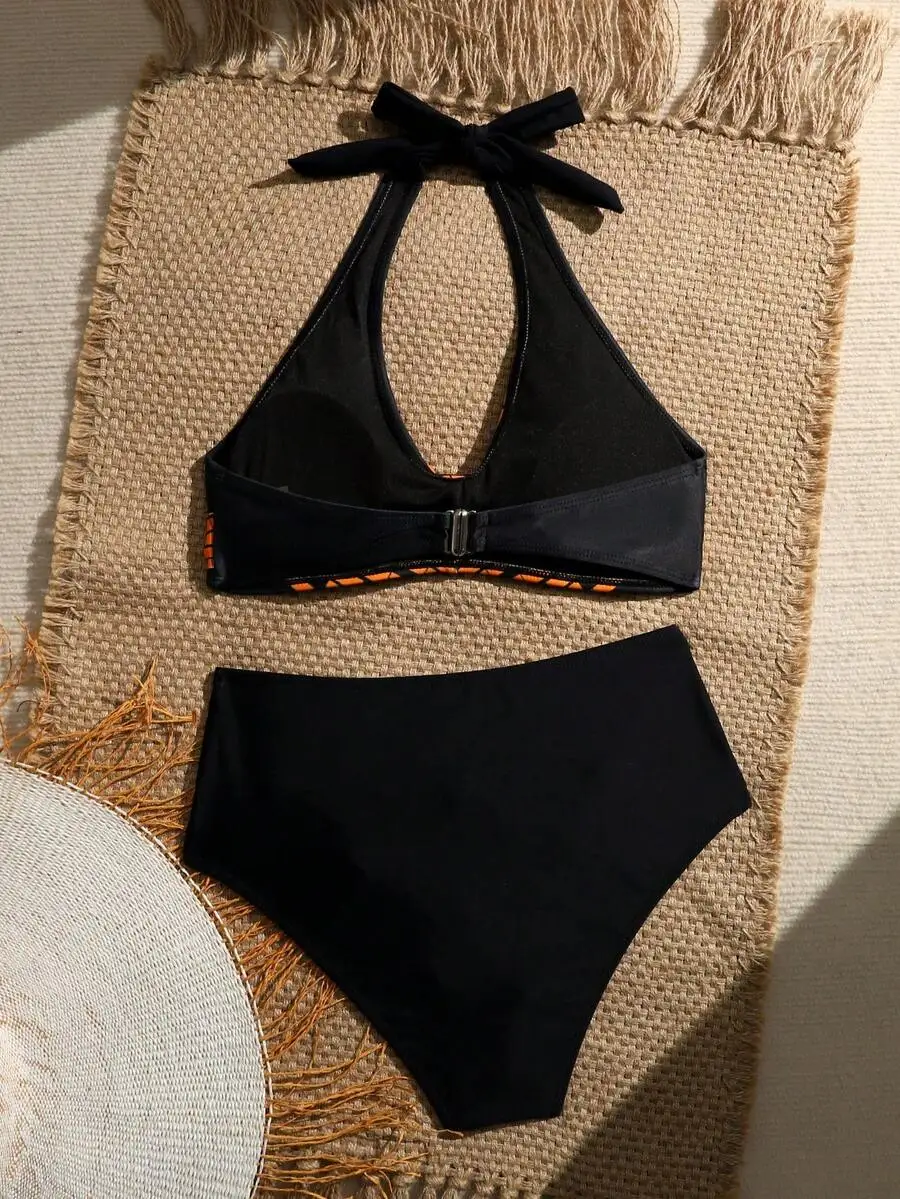 

Womens Black Halter Tie Backless Bikini With Orange Trim Summer Swimwear