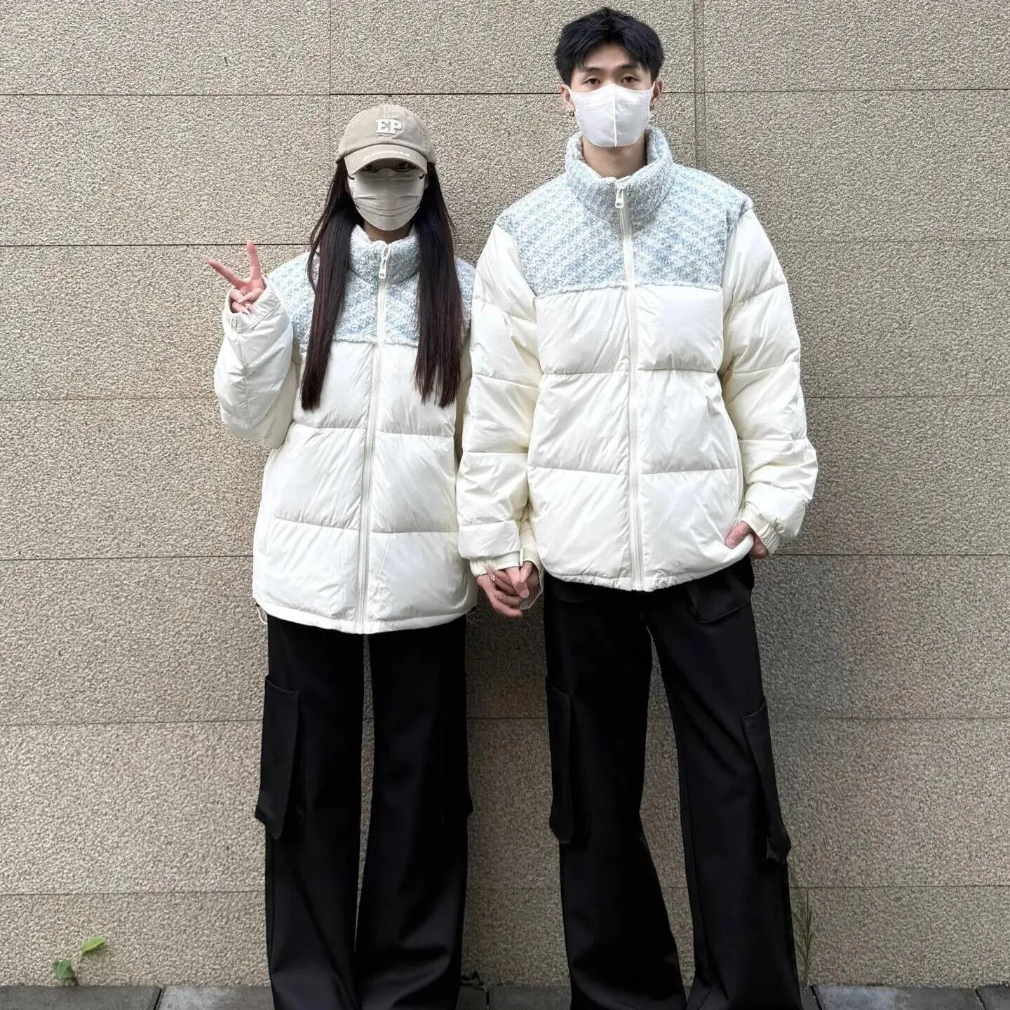 

Winter Couple Matching Cotton Jacket Stand Collar Bread Style Splicing Warm Design Korean System Long Sleeve Slim Fit Coat