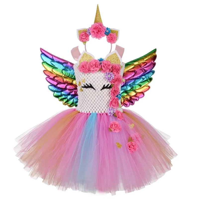 Tulle Tutu Skirts with Cartoon Flower Motifs,  Kids' Cartoon Rainbow Tulle Princess Dresses,  Outfits for Children's Day
