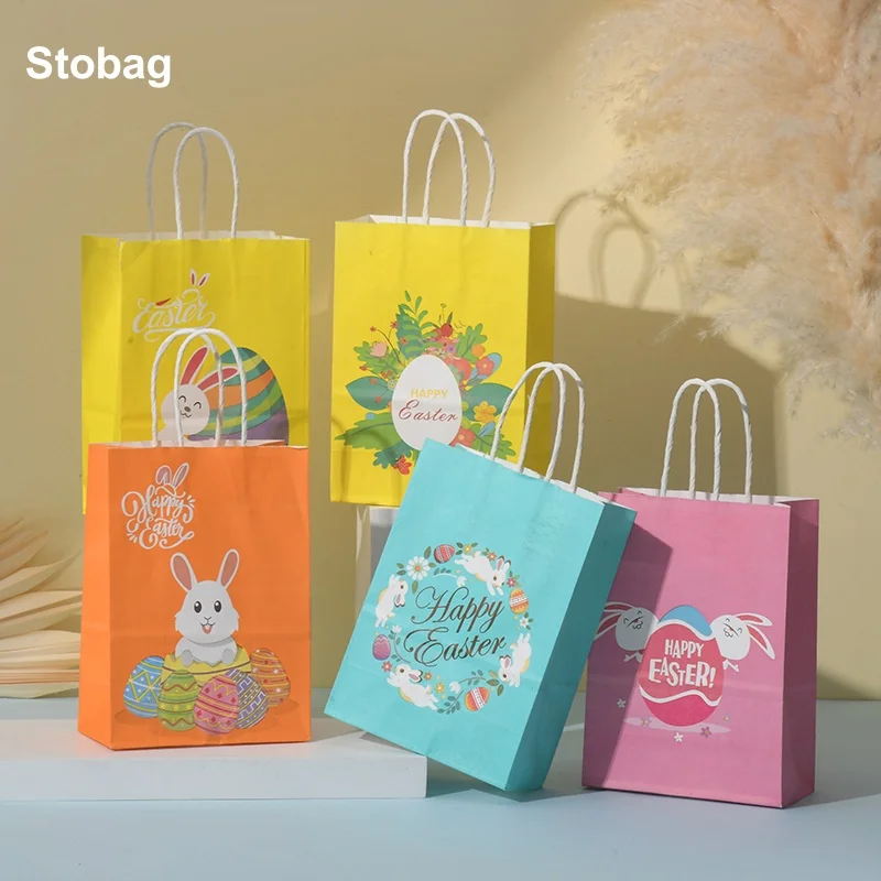 

StoBag 24pcs Happy Easter Day Kraft paper Gift Tote Bags Rabbit Bunny Packaging for Candy Snack Storage Pouches Party Favors