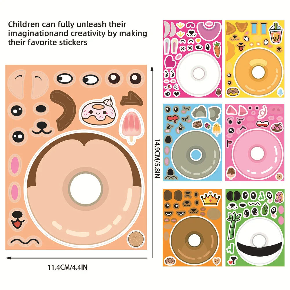 

8 листов наклеек-пазлов с милыми животными-пончиками для создания лиц, развивающие игрушки DIY, наклейки для изменения выражений лиц, для сувениров на вечеринку
