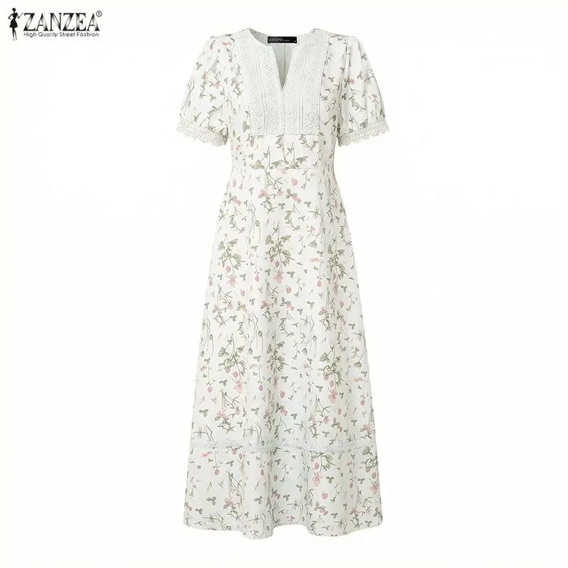 Mode Sommer Kurzarm Damenkleid ZANZEA Spitze Patchwork Lange Kleider Blumendruck Sommerkleid OL Arbeit Streetwear Vestidos