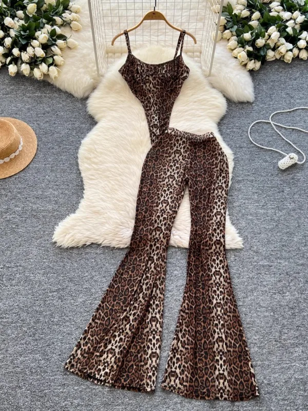 

Newest Leopard 2pcs Suits Women Sexy Strap Tops+Elastic Waist Flared Pants American Ins Fashion Hotsweet Sets