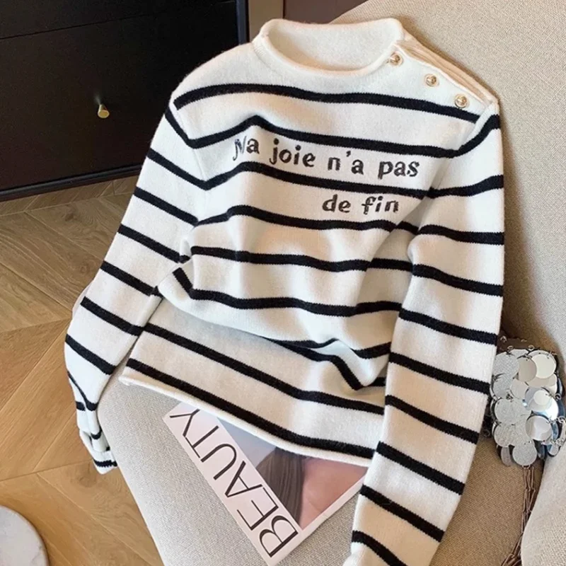 

Y2K Sequin Letters France Sweater for Women Soft Cotton Knit Pullover Winter Striped White Jumper Tops Off Shoulder Buckle Sexy