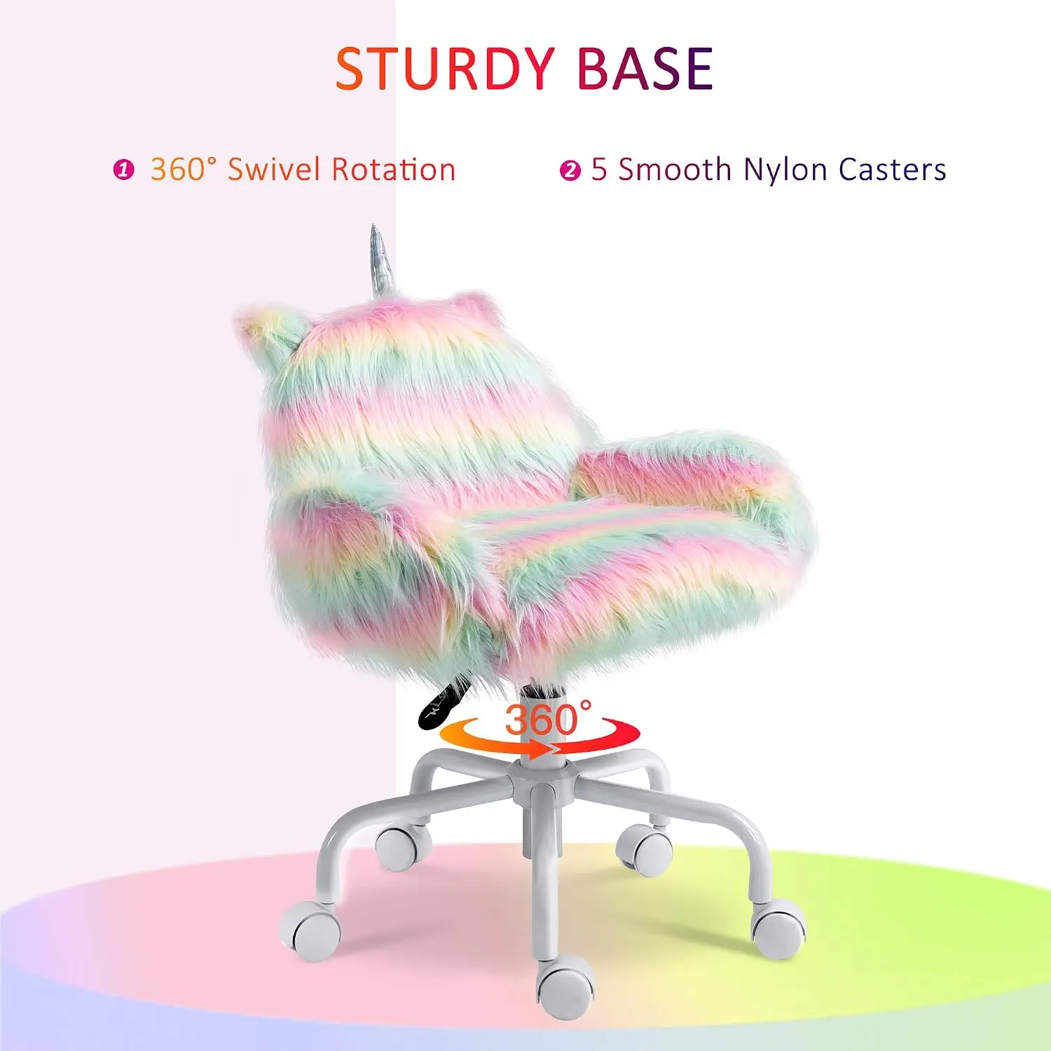 Fluffy Unicorn Office Chair, Mid-Back Support, Rainbow | with Armrest Support, 5 Star Swivel Wheel, White Base, Customized view 6