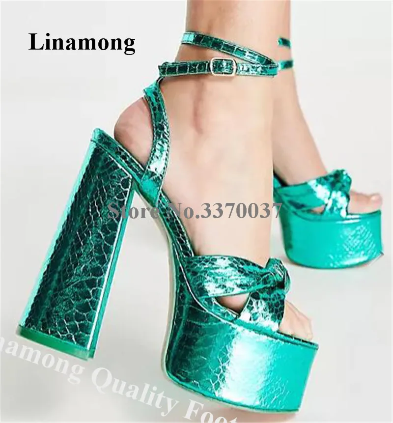 

Snakeskin Chunky Heel Sandals Linamong Turquoise Gold High Platform Butterfly-knot Block Heel Shoes Bowtie Party Dress Shoes