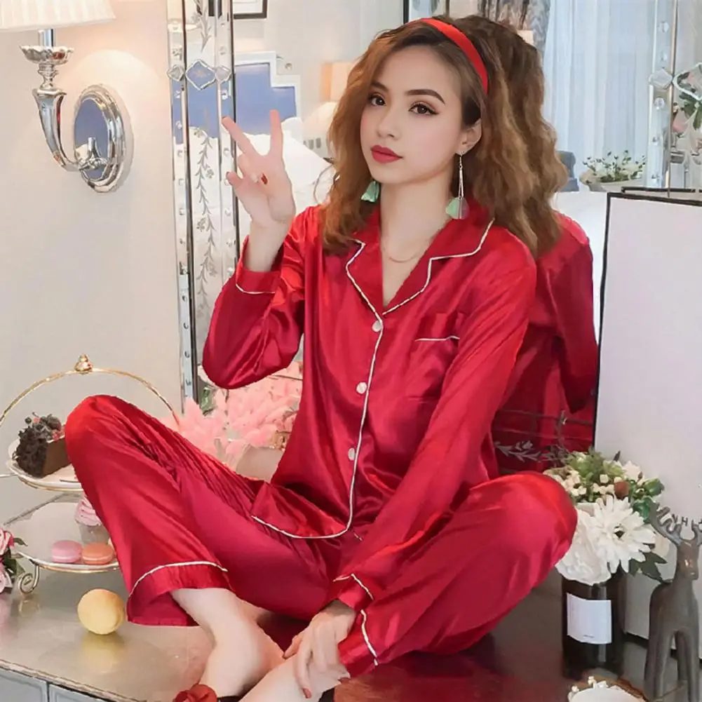 Milk Silk Pajama Set Elegant Silky Ice Silk Women's Pajamas Set with Lapel Collar Long Sleeves Wide Leg Pants Comfortable for A