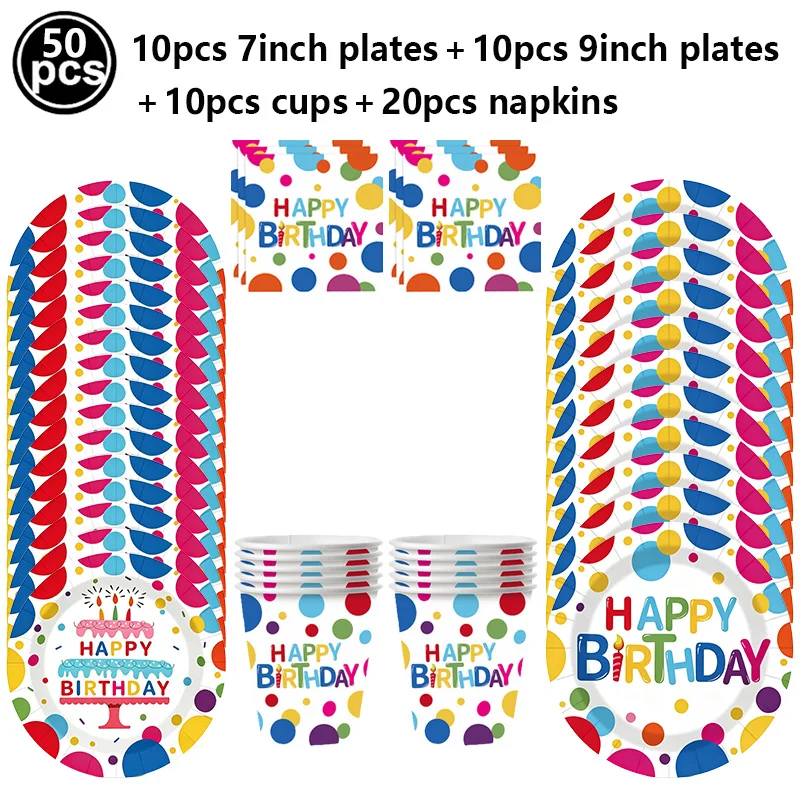 Multicolor Polka Dot Cake Pattern Disposable Tableware Paper Plates Cups Napkins Straws Bowl Banner Balloon Birthday Party Decor
