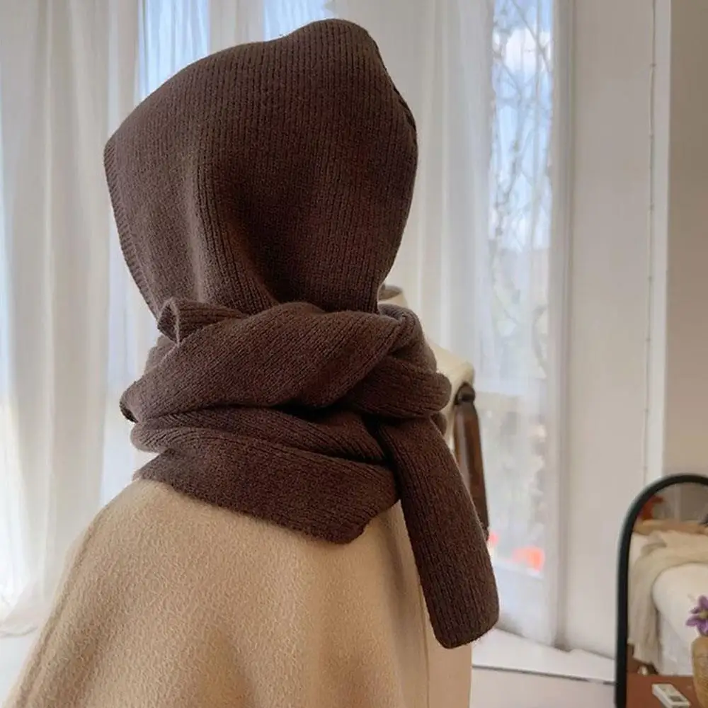 

Pure Wool Muffler Knitted Bandelet Solid Color Wrap One-piece NeckScarf Winter Warm Hooded Fashion Decor Shawl Thermal Hat Scarf