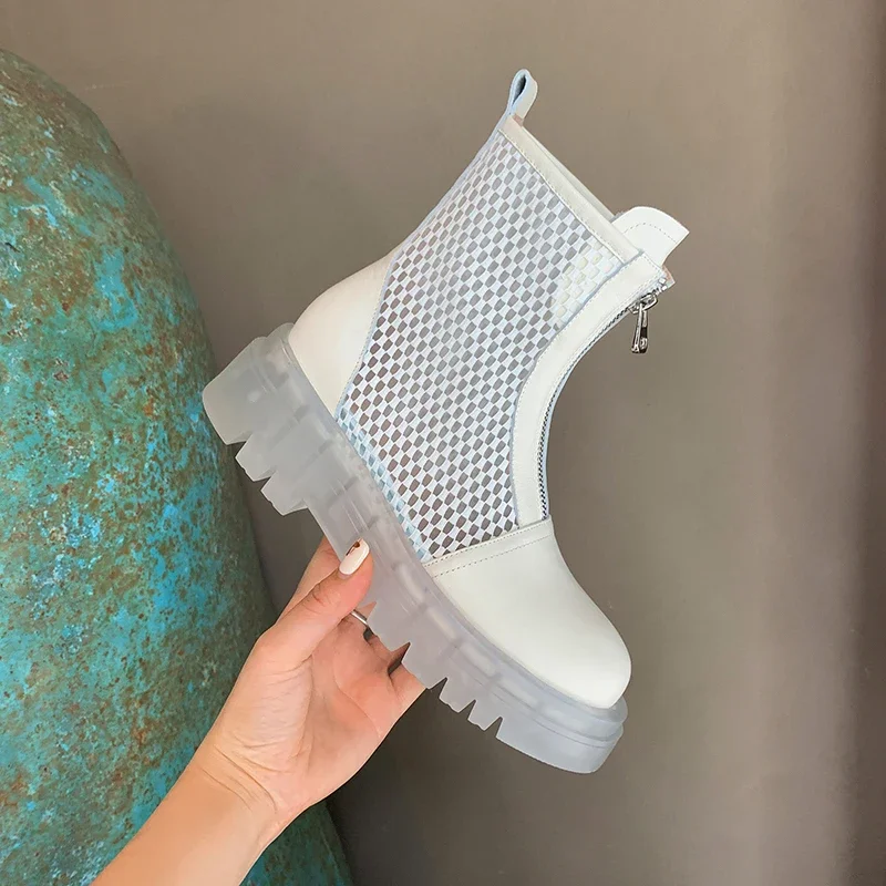 

2024 summer women Mesh Boots natural Leather shoes 22-24.5cm cowhide+mesh front zip hollow cool boots Transparent sole sandals