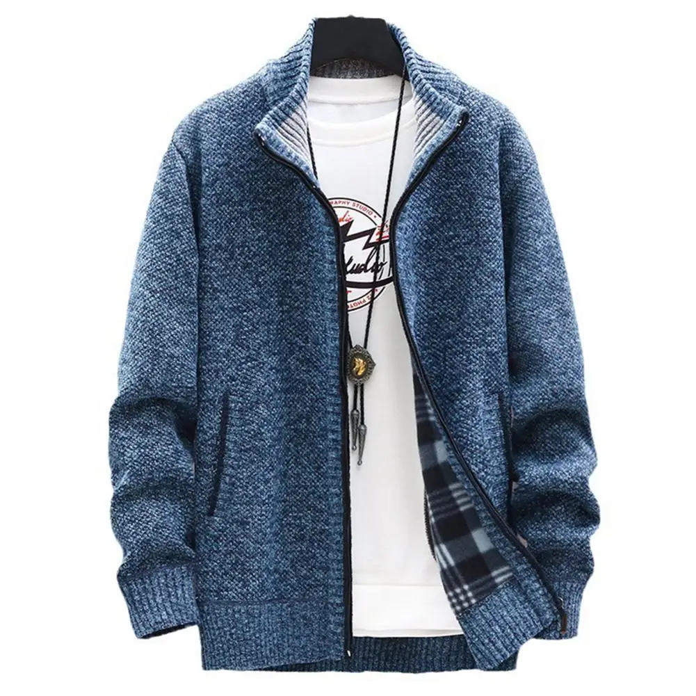 

Men Winter Coat Knitted Stand Collar Long Sleeve Thick Warm Zipper Closure Pockets Elastic Pure Color Men Jacket Sweater Coat