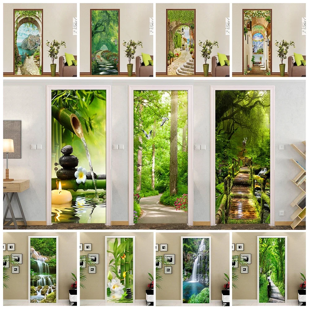 

3D Green Plant Bamboo Door Stickers Self Adhesive Forest Palm Tree Bridge Door Art Mural Poster Home Decorative Wallpaper