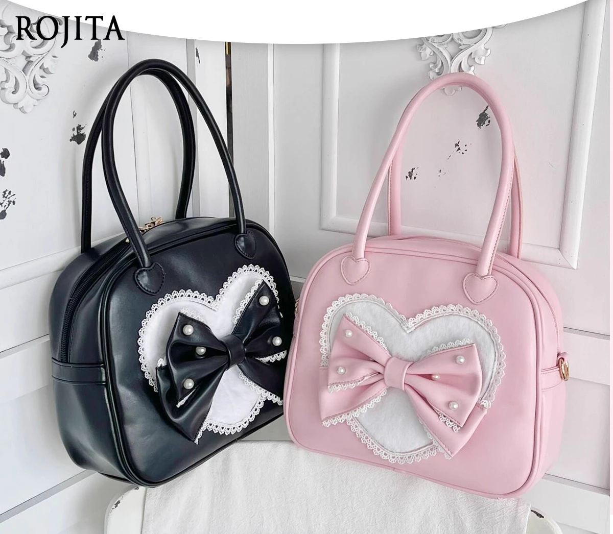 

Cute Handbag Heart Zipper Lolita Handbag Original Design Cute Bow Plush Heart Lace Sweet Girl Small Square Bag