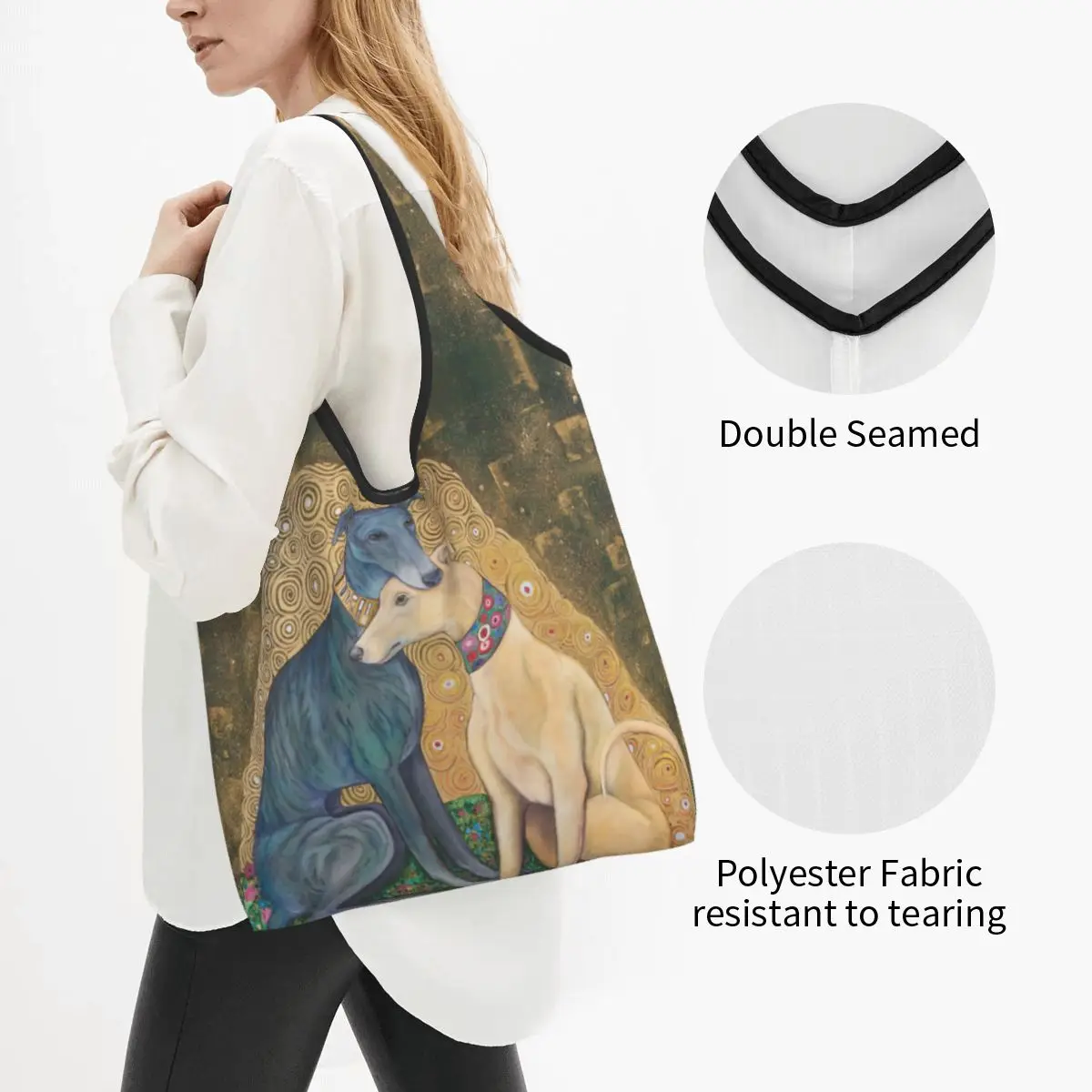 Bolso de compras reutilizable personalizado para mujer, bolsa de mano portátil con diseño de perro galgo Gustav Klimt, Whippet Sihthound