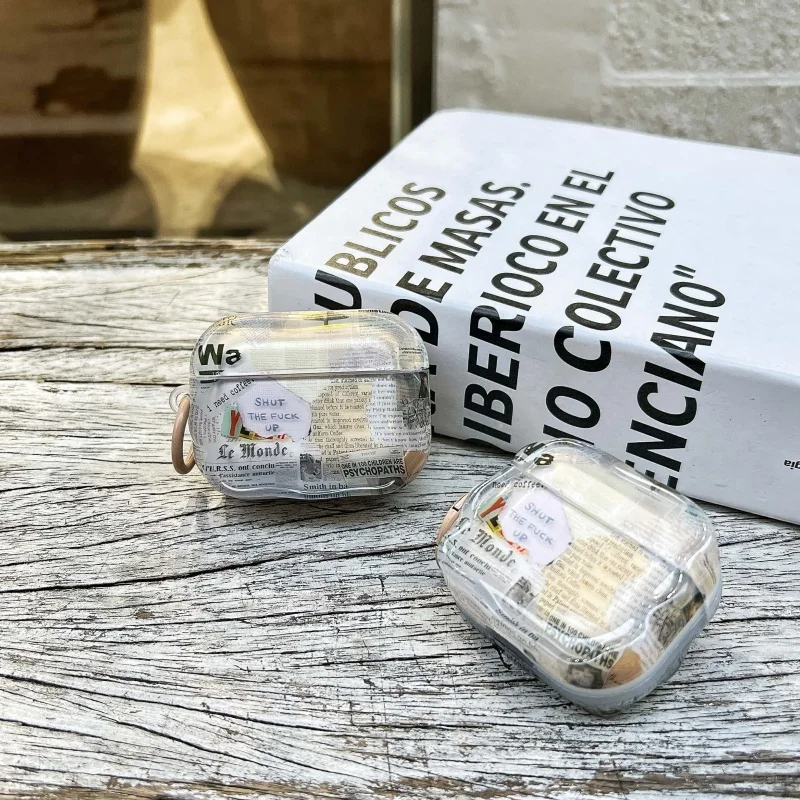 

For AirPods Pro3 Pro2 1 2 3 4 Case Retro Newspaper Style Anti-fall TPU Earphone Case Protective Sleeve Charging Box with Ring