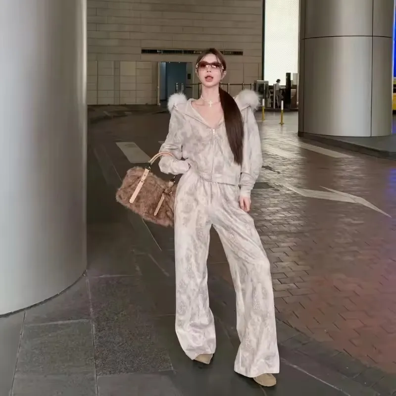 الرجعية ليوبارد طباعة الفراء طوق زمم هوديي دعوى النساء 2025 خريف جديد موضة فضفاض عادية بنطال ذو قصة أرجل واسعة قطعتين مجموعة #3