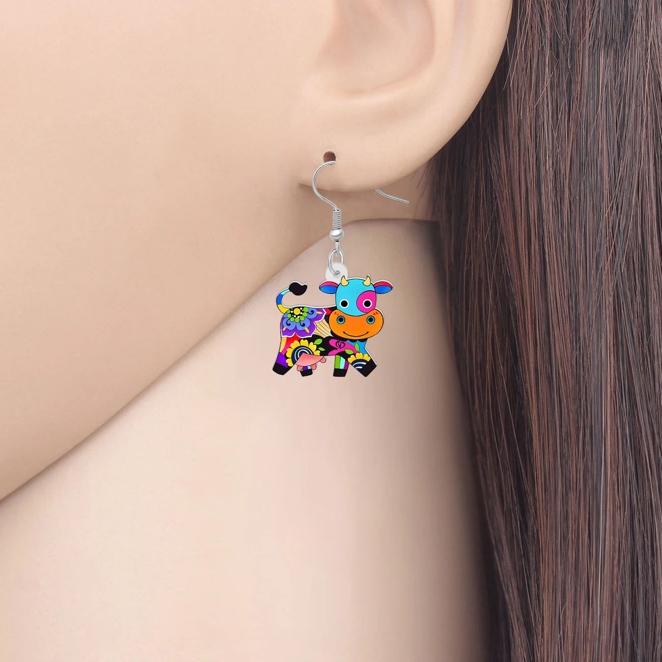 BONSNY Acrylic Cartoon Floral Cattle Cow Dangle Drop Earrings Jewelry For Women Kid Fun Farm Gifts Accessories