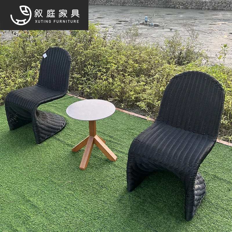 Outdoor garden courtyard creative design rattan single chair solid wood coffee table combination outdoor waterproof and sunscree