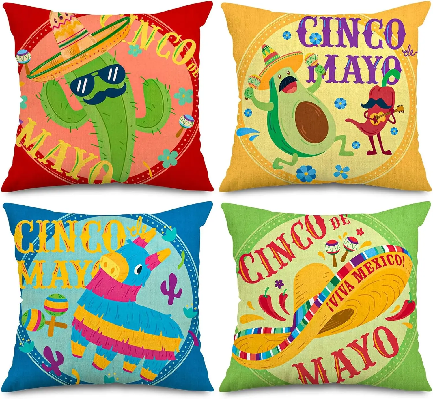 Mexican Fiesta Throw Pillow Covers Cinco De Mayo Pillow Case Colorful Mexican Cactus Avocado Cushion Case for Home 18x18 In