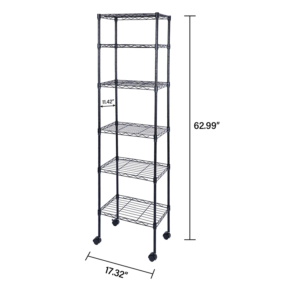 Heavy Duty 6-Shelf Shelving with Wheels, with Hanging Hooks, Wire Shelving, Adjustable Storage Units, 17'' D x 11'' W x 63'' H,