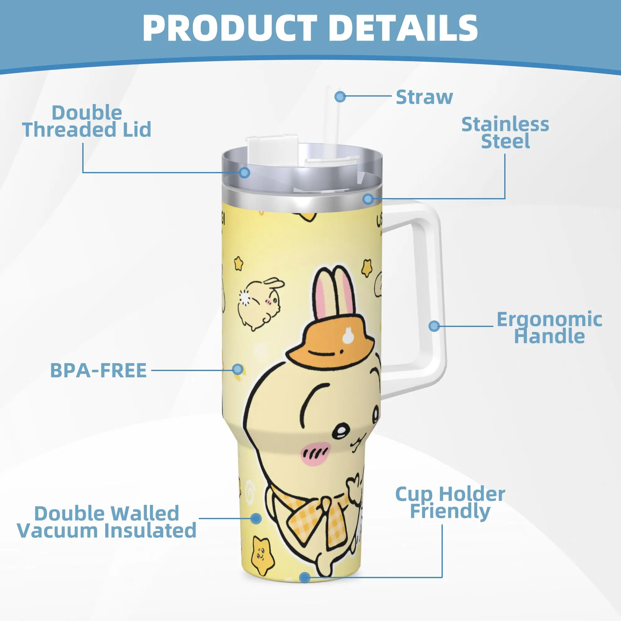 usagi كوب حراري للشاطئ مصنوع من الفولاذ المقاوم للصدأ مع شفاطات وغطاء، أكواب كبيرة للسيارة، زجاجة مياه باردة وساخنة