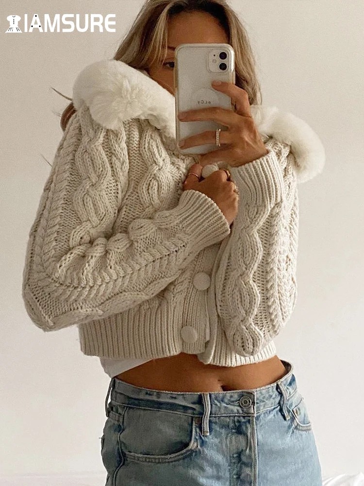 IAMSURE 2020 Winter Fashion Warm Vintage Furry Turn-Down Collar Sweater Elegant  Long Sleeve Crop Top Casual Streetwear Coat