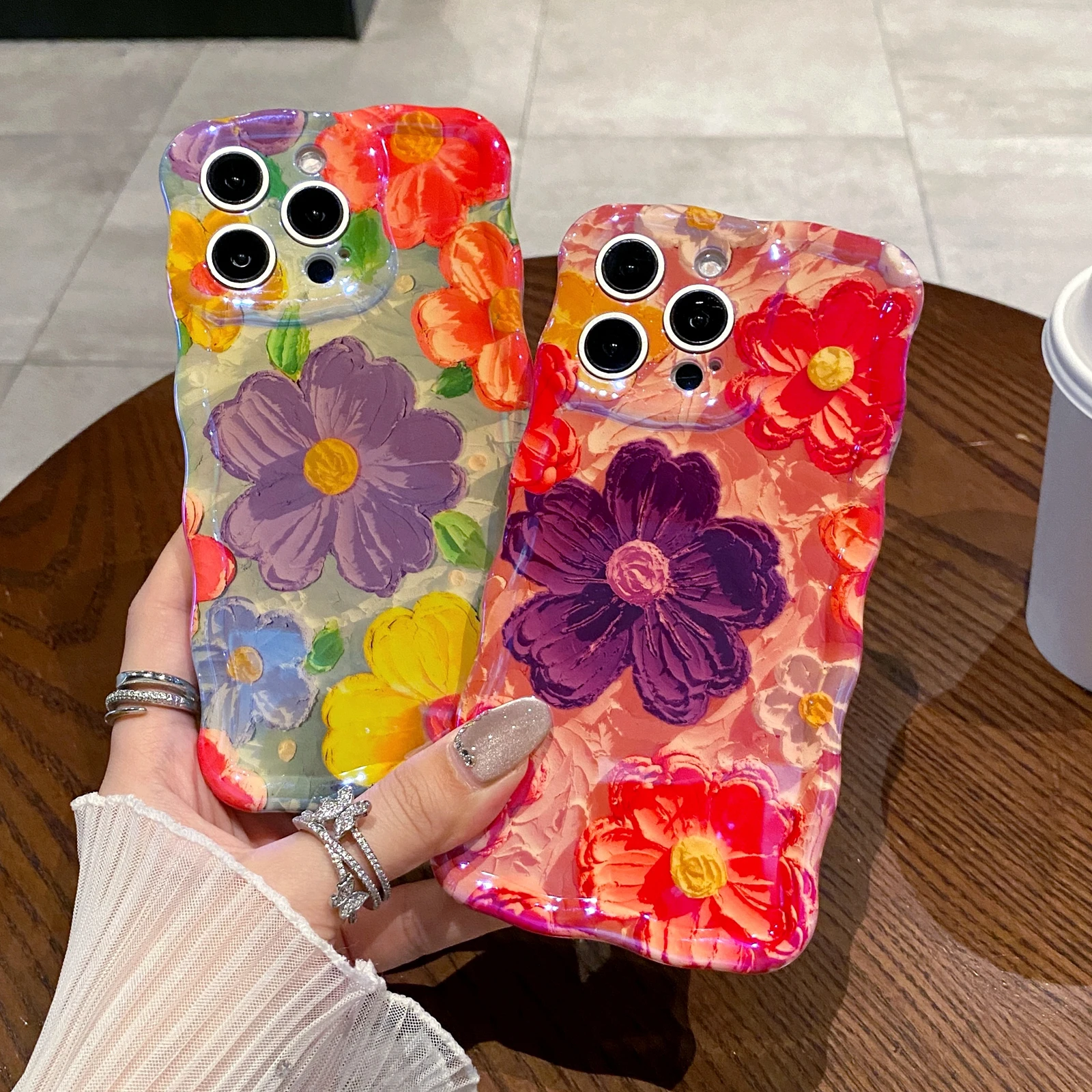 Cute Flower Painting Curly Wavy Frame Phone Cases for iPhone 14 13 12 15 Pro Max Camera Protection Glossy Soft Silicone Cover