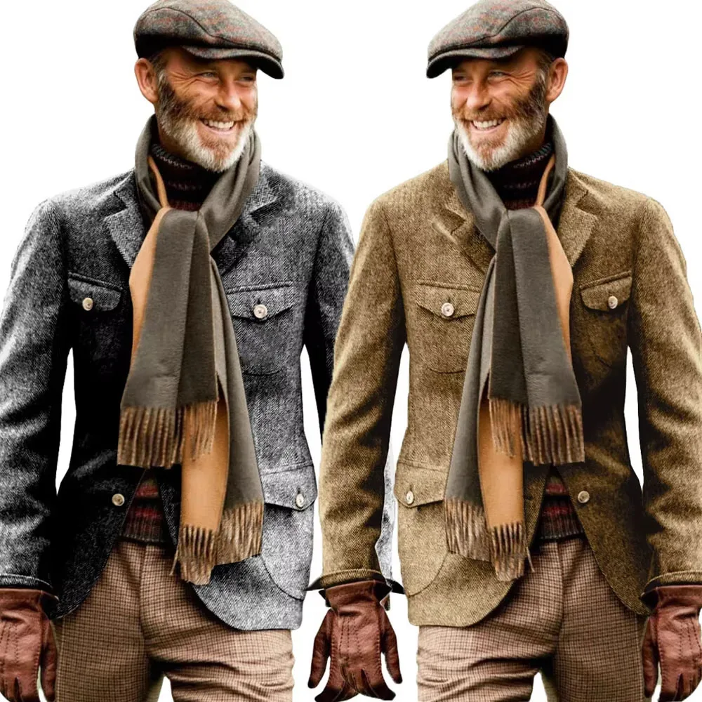 Vintage British Herringbone Sport Coats Tweed Tweed Hunting Casual Stand Collar Multiple Pockets Jacket Men's Suit Thick Blazers
