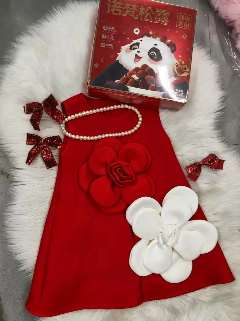 

Handmade 3D Flower A-Line Dress for Girls Spring Autumn Winter Little Kids Clothing Baby Student Outfit 2-10 Years Old Christmas