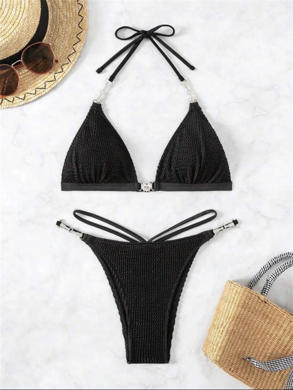 

Sexy Buckles String Bikini Extrem Backless Swimsuit Rhinestone Halter Push Up Y2K Swimwear Women Beach Biquinis Vacation Outfits