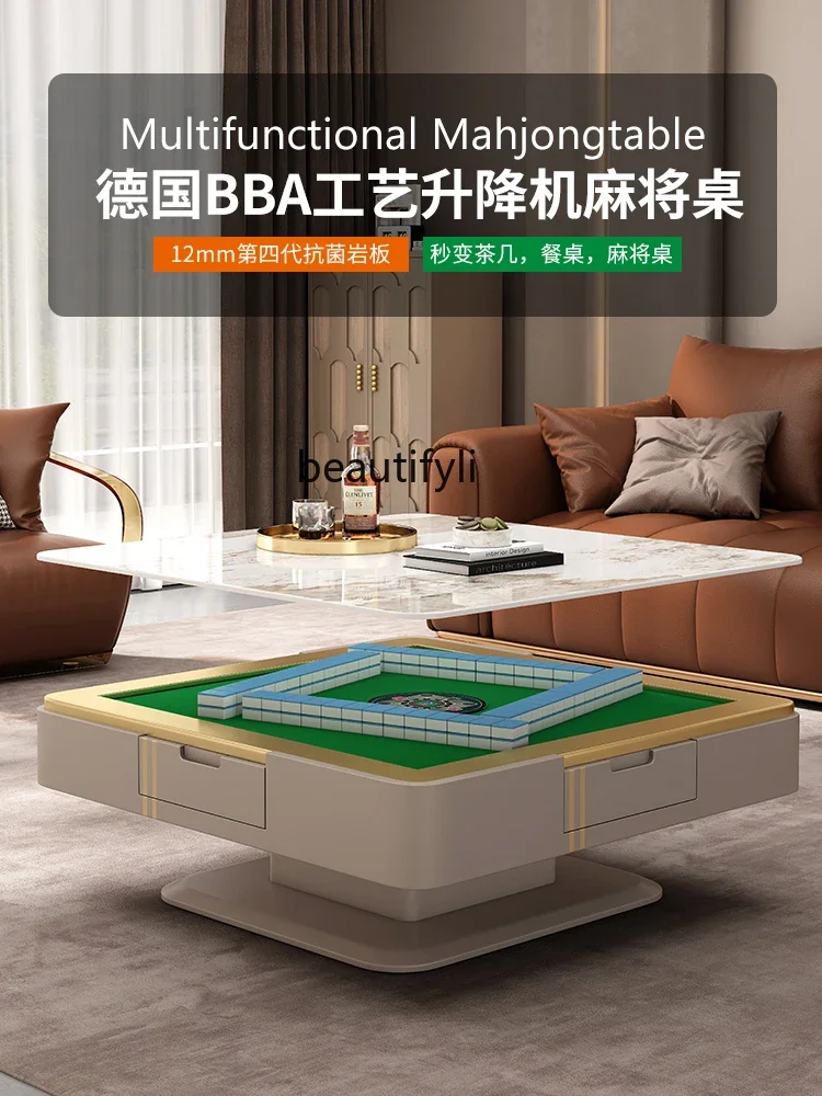 Lifting electric mahjong table dining table integrated automatic rock slab silent luxury solid wood table