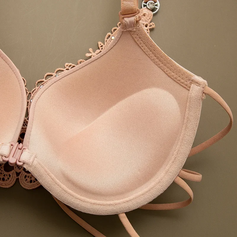 BH mit vorderer Schnalle für Damen, einfarbig, bequem, verstellbarer BH, Spitze, Patchwork, Bügel, nahtlos, Push-Up-BHs, Dessous
