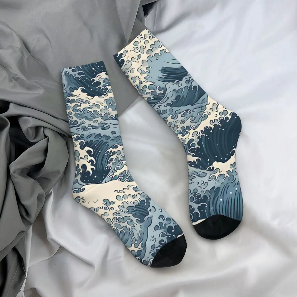 Funny Crazy Sock for Men Ocean Waves Repeatable Pattern Hip Hop Japanese Wave Breathable Pattern Printed Crew Sock Novelty Gift