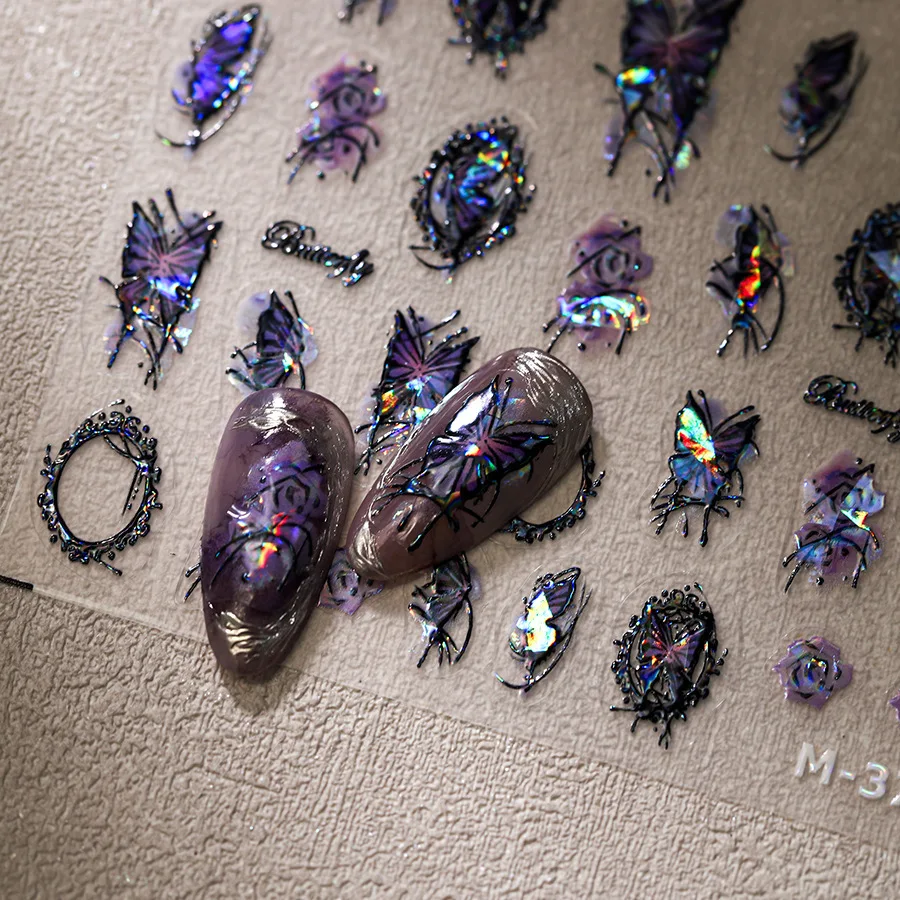 1 stücke 5D Lila Schmetterling Nail art Aufkleber Holographische Aurora Schmetterling Nagel Dekorationen Aufkleber DIY Klebstoff Slider Zubehör