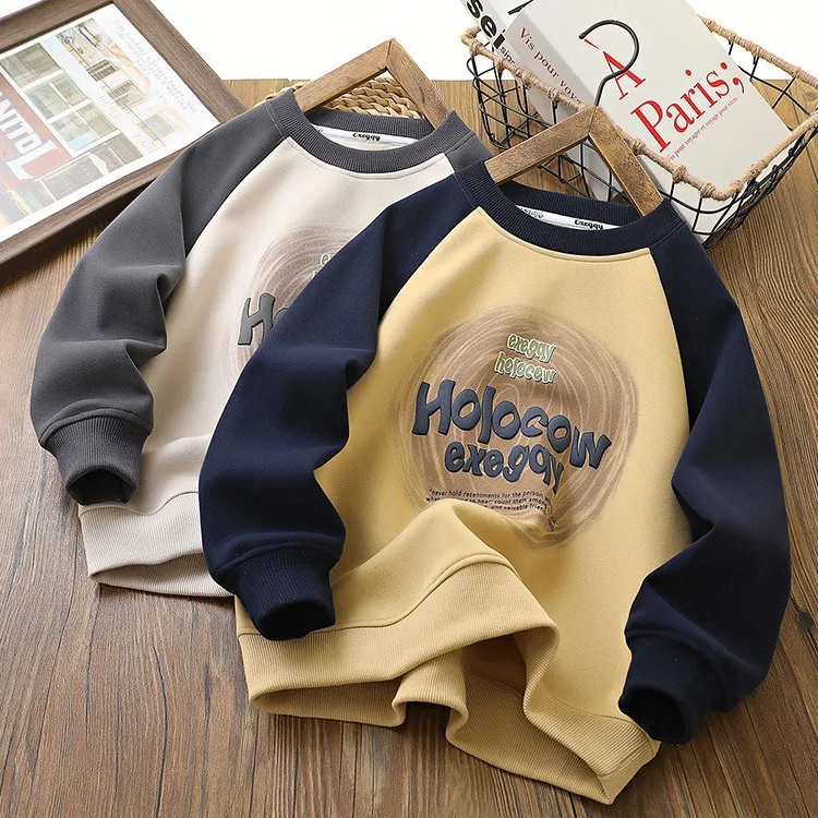 2024 Korean Spring Autumn School Boy Pullover Tops Elementary Boy Letter Printed Contrast Sweatshirt Children Boy Sport Shirt