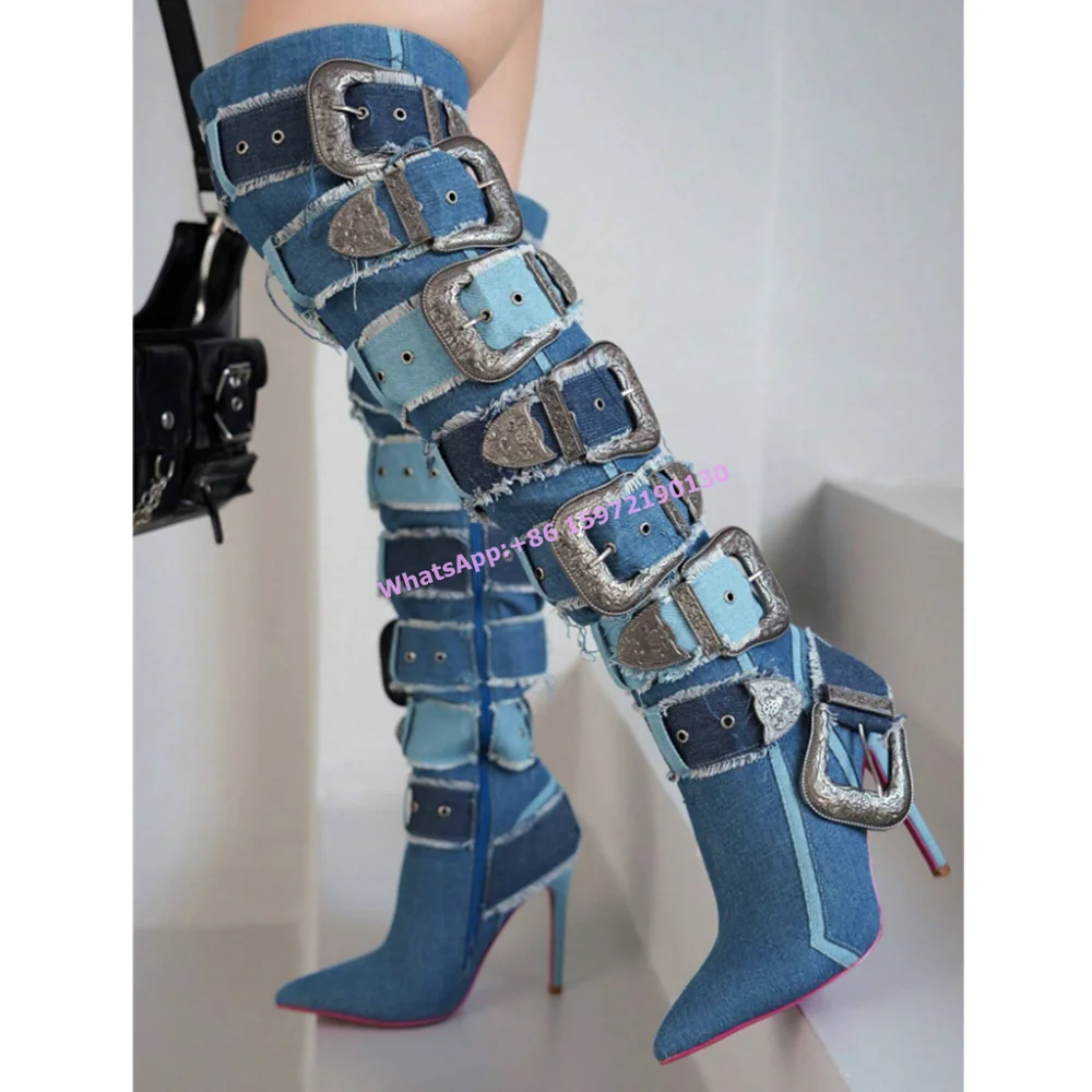 Multi Buckle Denim Blue Boots Side Zipper Thin Heels Pointy Toe Runway Over The Knee Boots Patchwork Party Sexy Winter Shoes