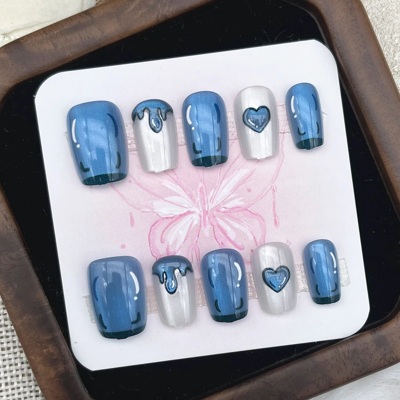 

10pcs Handmade Glitter Lovely Fake Nails Press On Nails Short Cat Eye Reusable Wearable Blue Ballerina False Nails Finger Tips