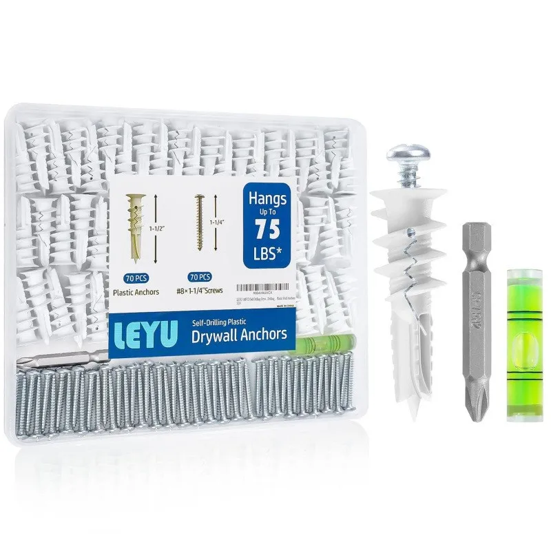 140 PCS of self-drilling dry wall anchors and screw kits – no drilling required. High-strength, durable plastic dry wall anchors