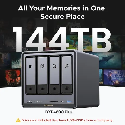 DXP4800 Plus 4-Bay NAS, 4K Home Media, File Server & Hardware Transcoding, Intel 8505, 8GB DDR5, 10GbE&2.5GbE, 128G SSD,