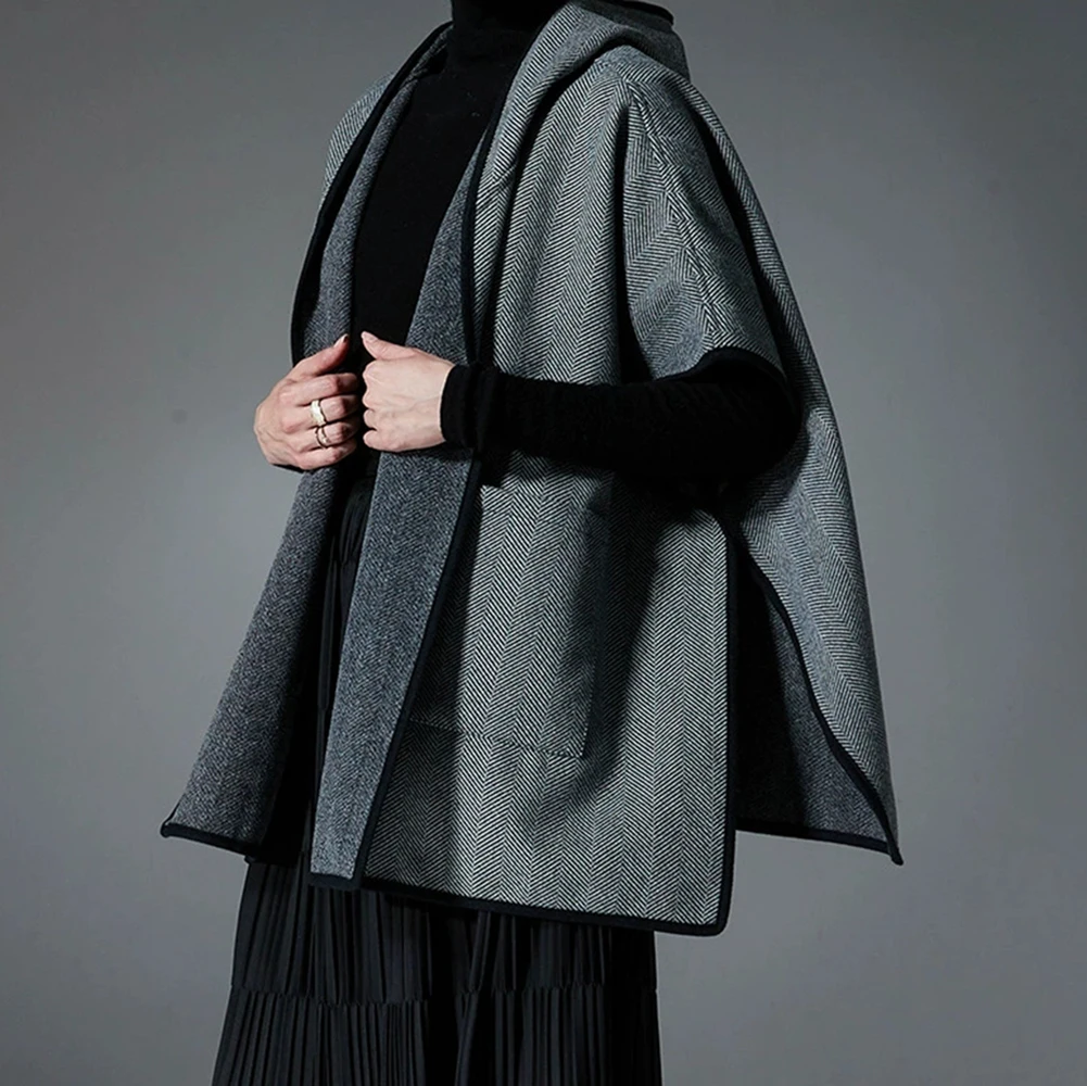 Mid-tot-high-end Europese en Amerikaanse herfst en winter nieuwe dubbelzijdige wollen visgraatpatroon sjaal met capuchon-GZXX740