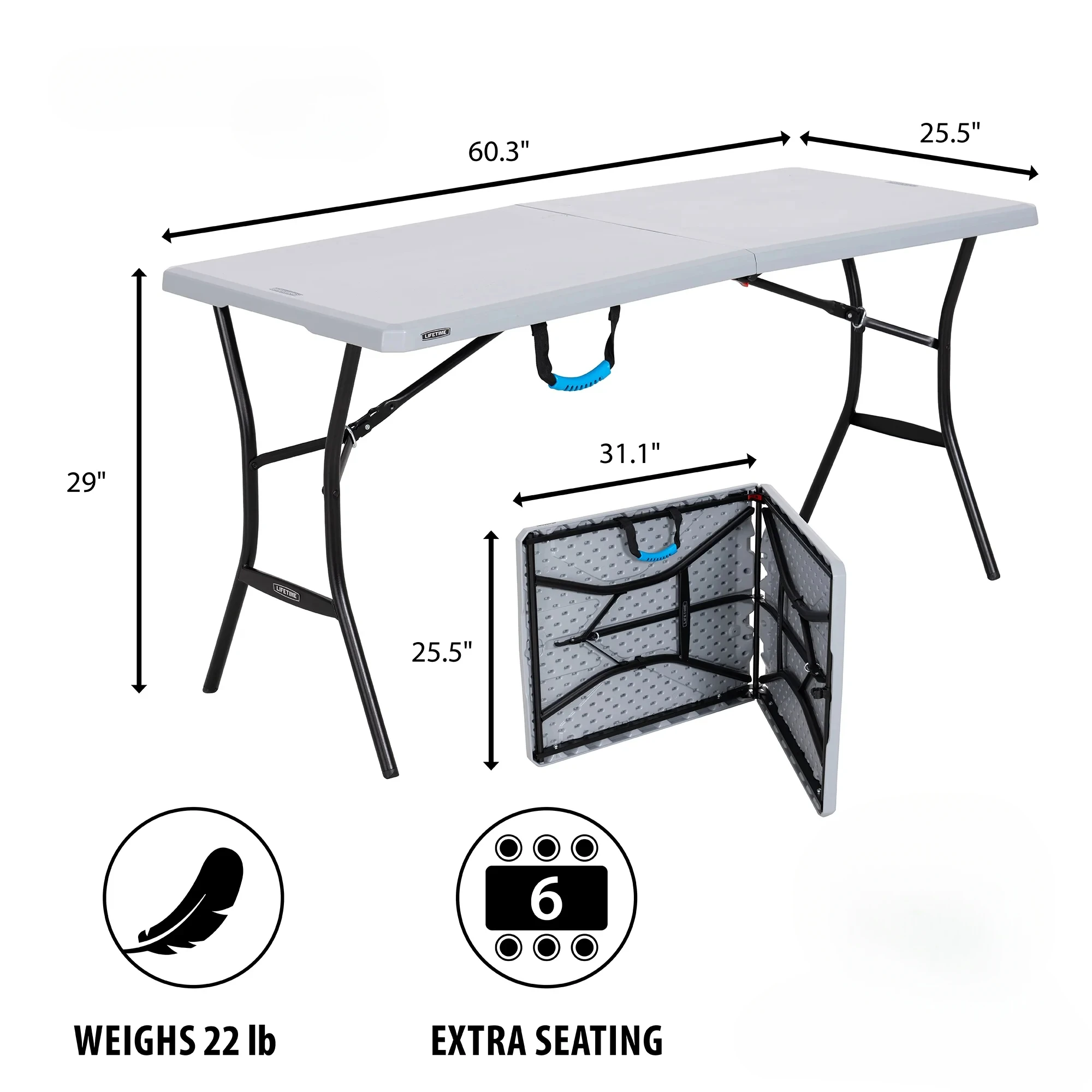 5 Foot Rectangle Fold-in-Half Table, Indoor/Outdoor Essential, Gray, 60.3