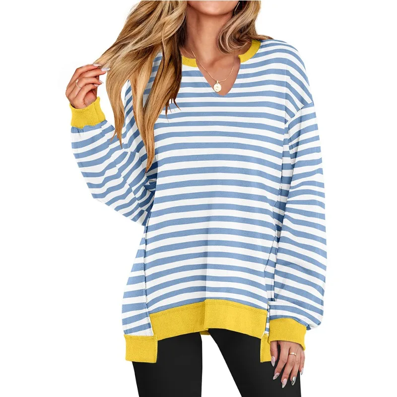 

2025 Autumn/Winter New Colorful Fashion Striped V-neck Loose Sweatshirt Sweatshirt for Women