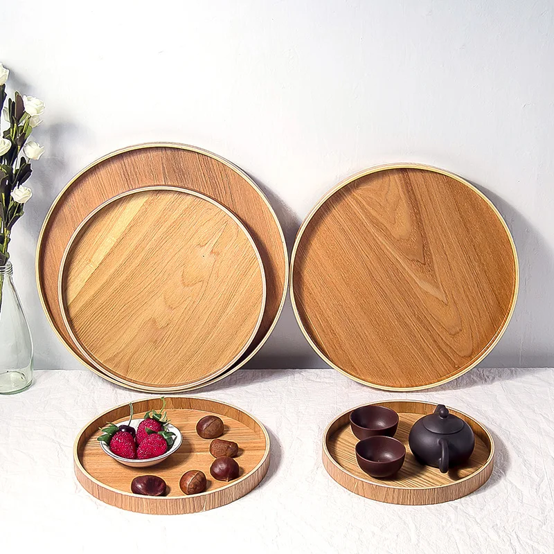 Nordic Wooden Tray Simple Round Serving Tray Retro Serving Plate Fruit Dessert Storage Tray Cosmetic Display Plate Room Decor