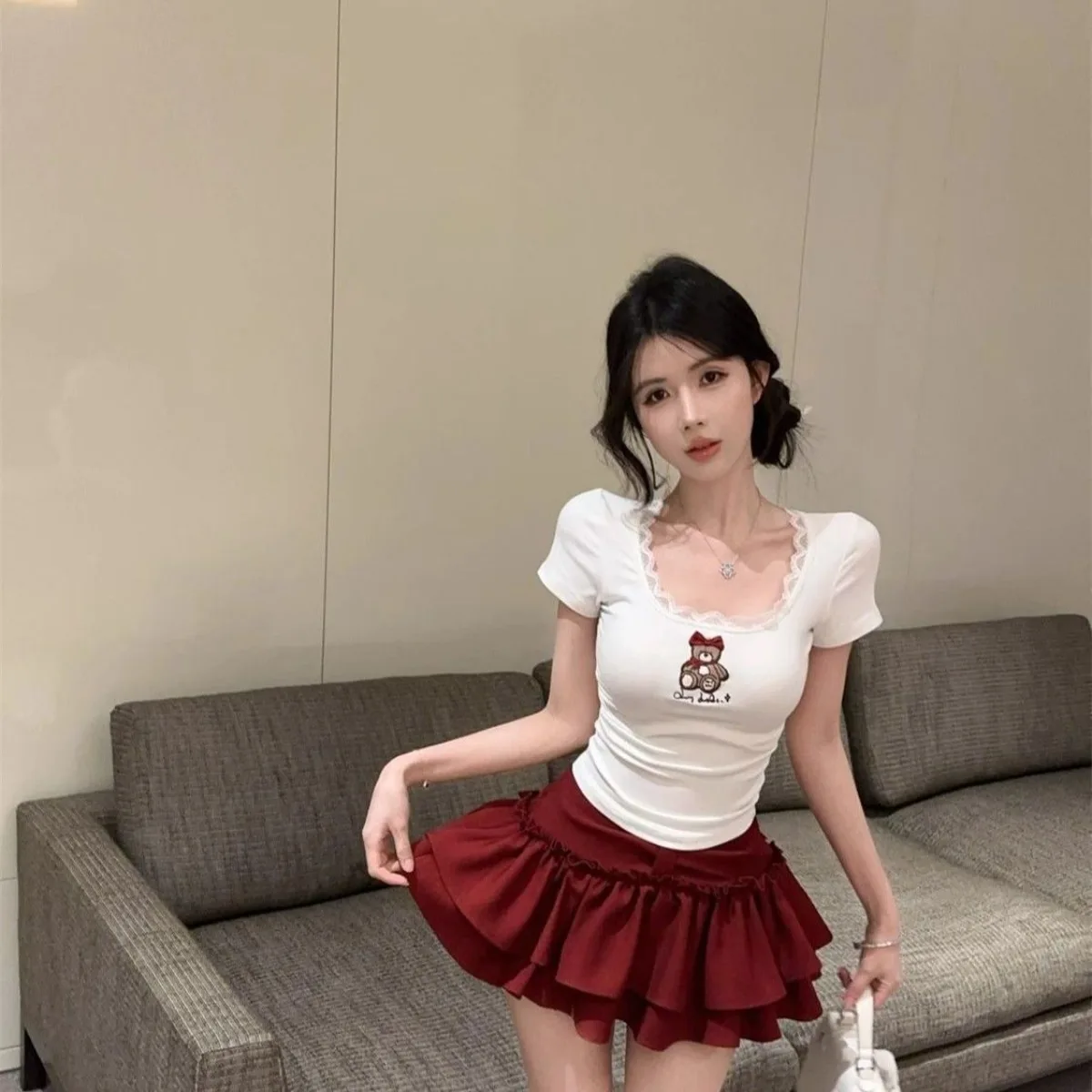 Franse coquette beer print T-shirt en rok set dames zomer Y2K tweedelige outfit gegolfde minirok