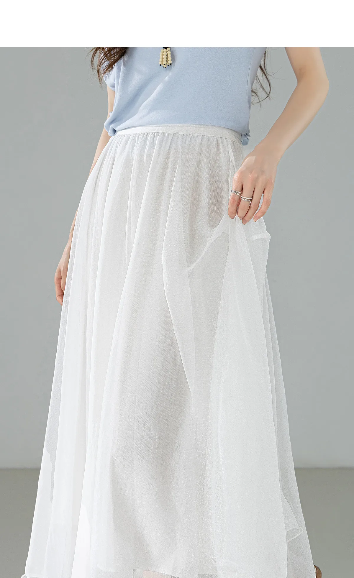 SENTUBILA Eleganter Hochgeschnittener Schimmernder Chiffon A-Linien-Rock 2026 Sommer Weißer Netzrock mit Elastischem Bund Damen-Unterteil W62QG7415 – Detail 13