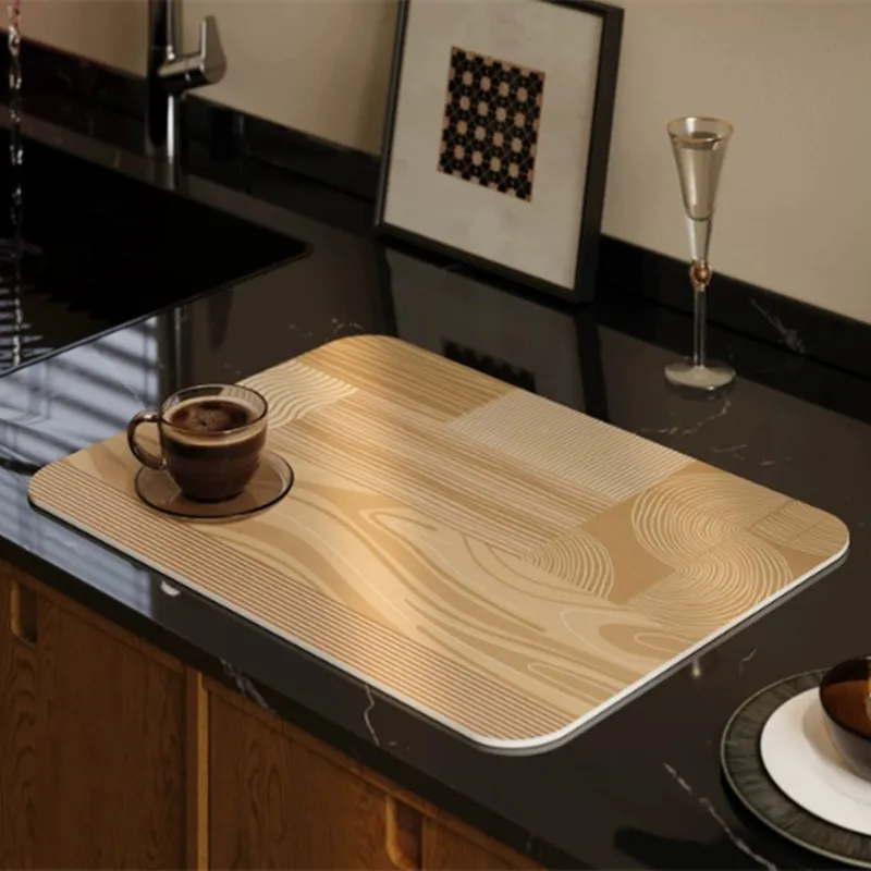 Wood Grain Diatomite Dish Drying Mat Super Absorbent Quick Dry Kitchen Counter Sink Pad Non Slip Coffee Cup Tableware Draining