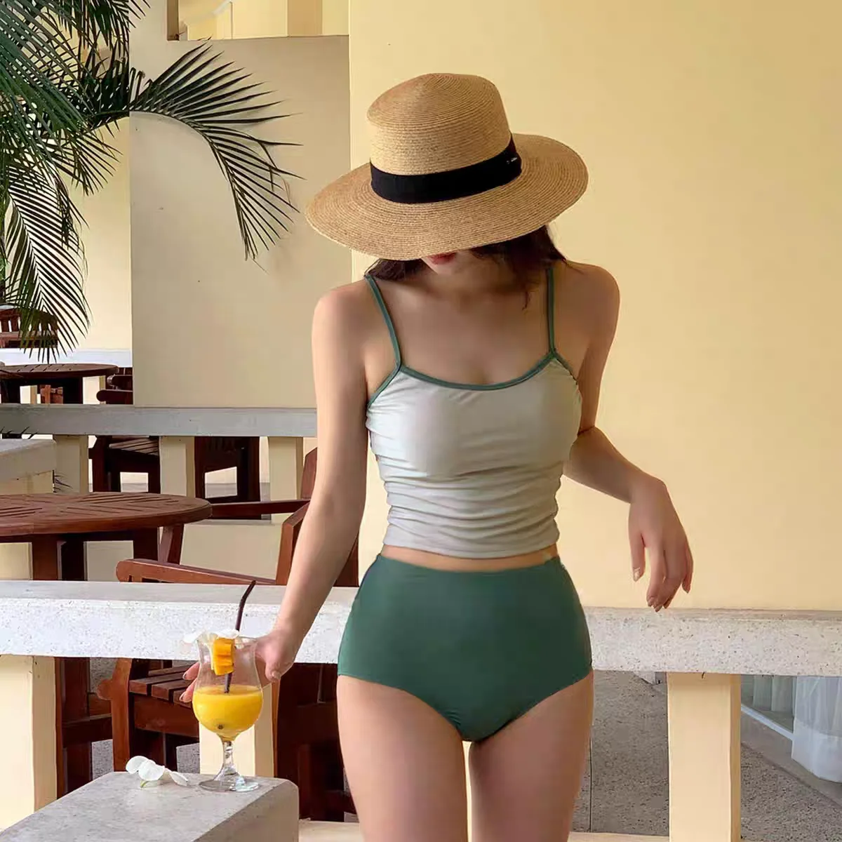 High Waist Two Piece Swimwear Women's Summer Slimming Top Bottoms Korean Style  Color Block Thermal Bathing Suit view 2